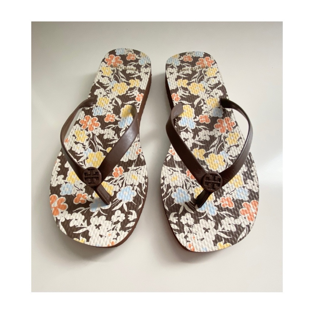 Tory Burch Women’s Soho Reverie Walnut Brown Floral Thin Flip Flops Sz 6